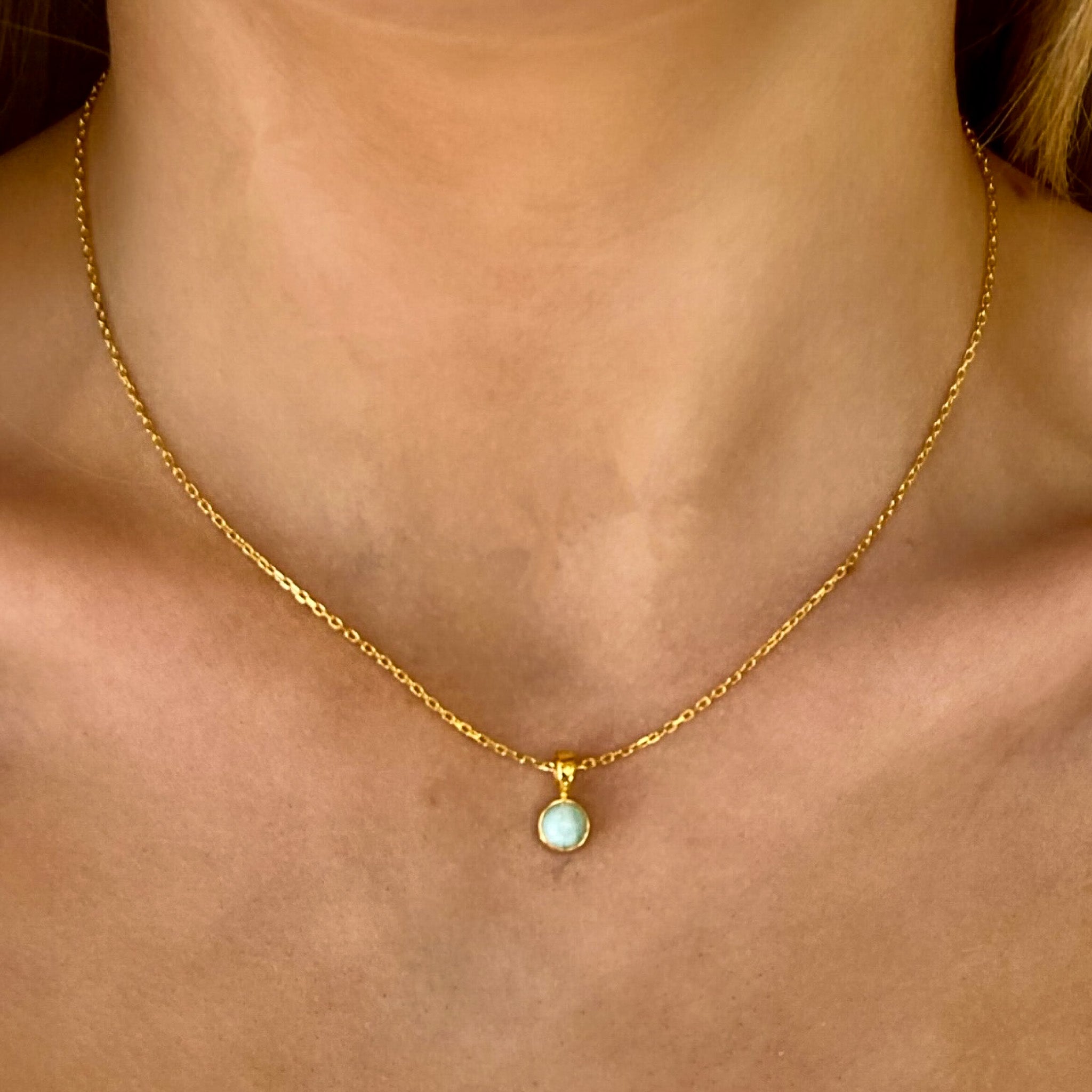 dainty round larimar pendant set in gold vermeil with gold vermeil chain