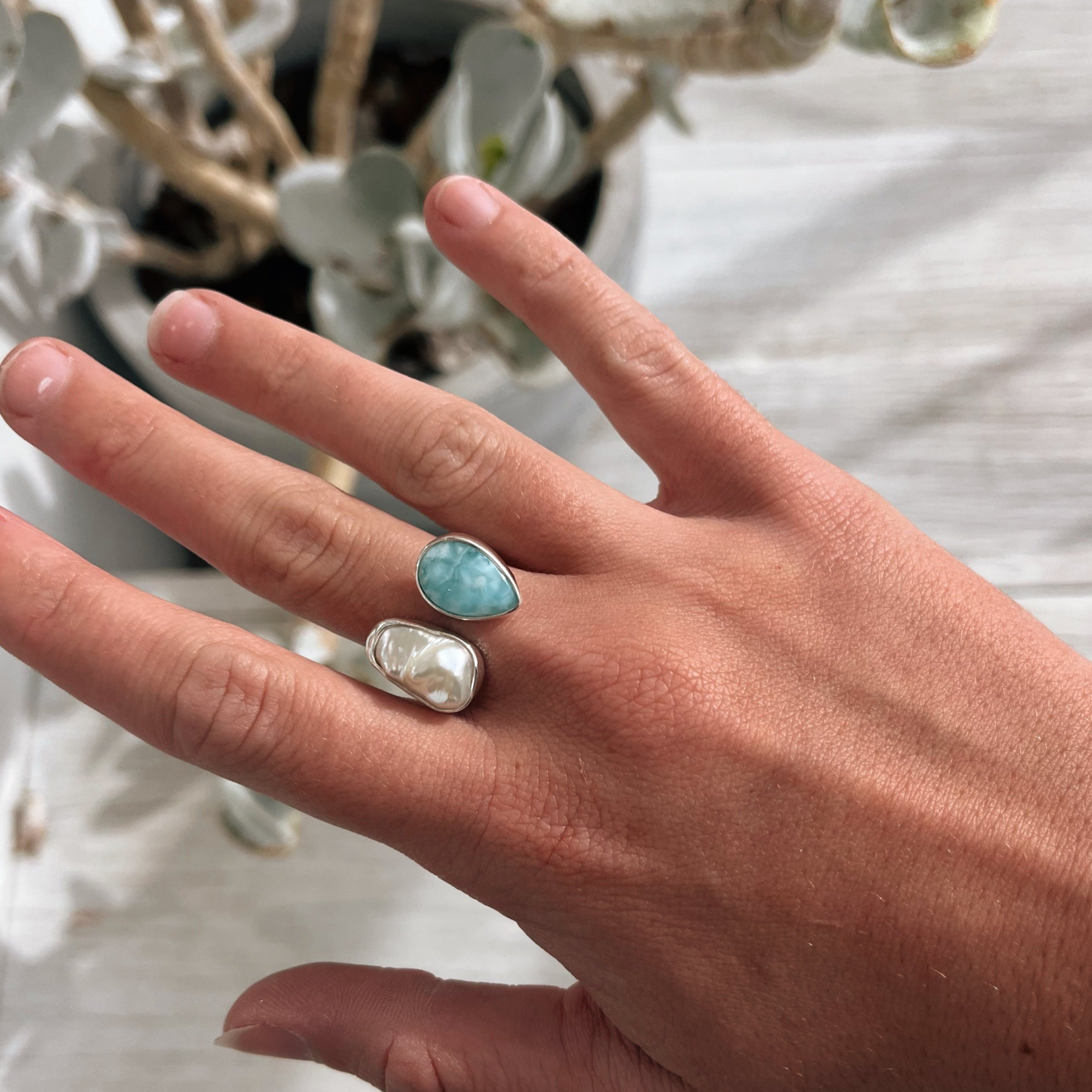 baroque pearl ring with larimar