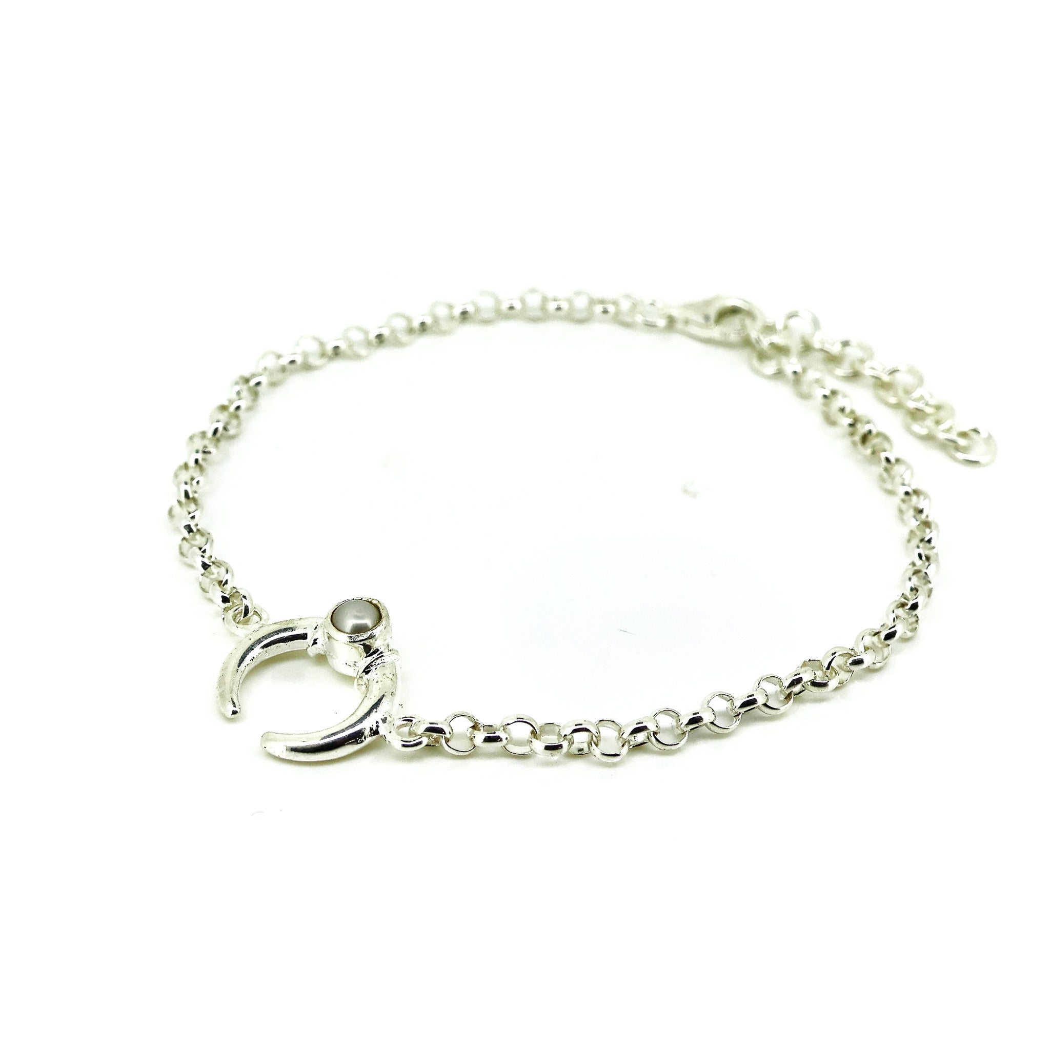 Full Moon Pearl Bracelet in sterling silver with crescent moon and freshwater pearl – flat lay