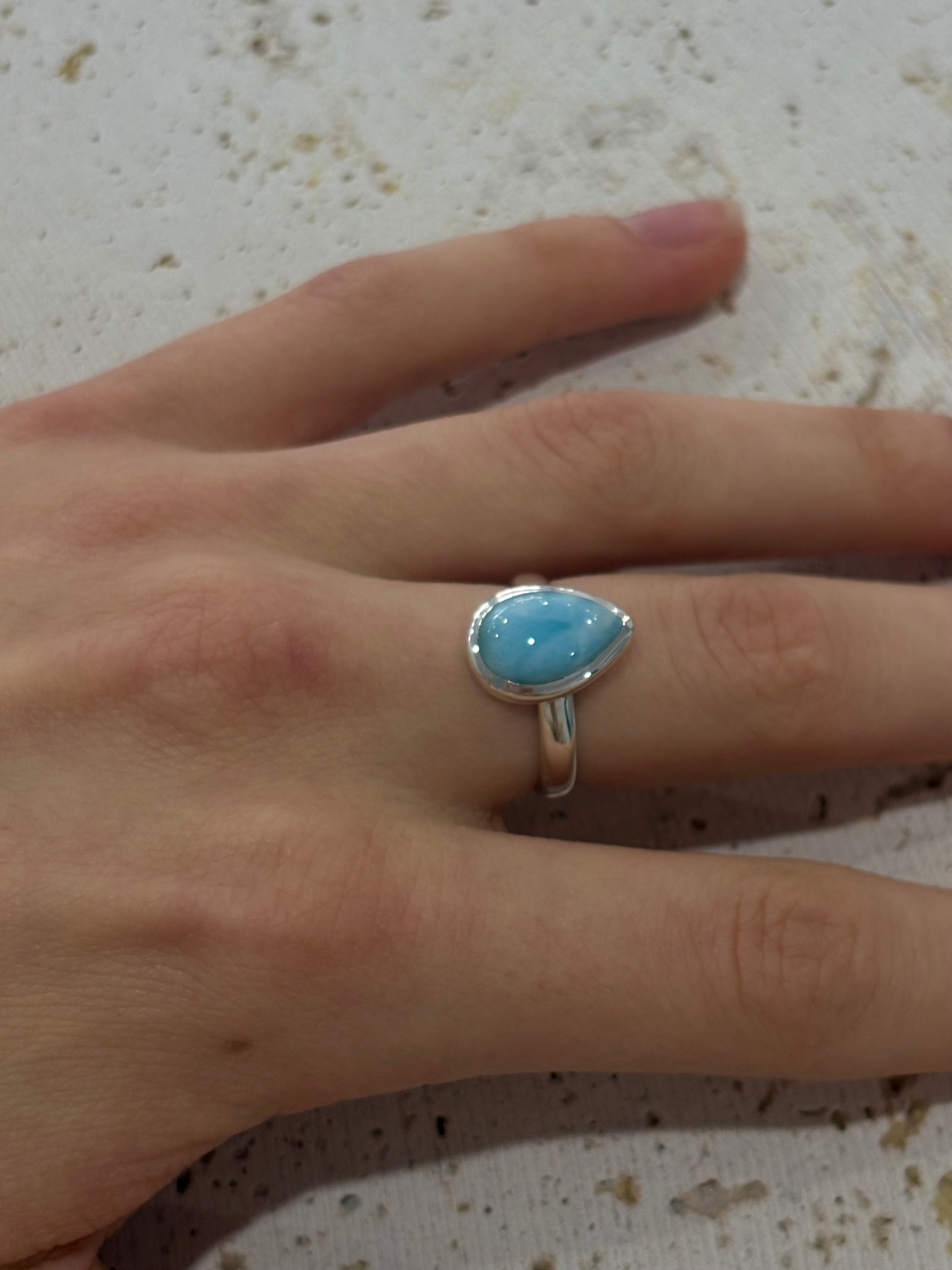tear drop shaped larimar ring in silver
