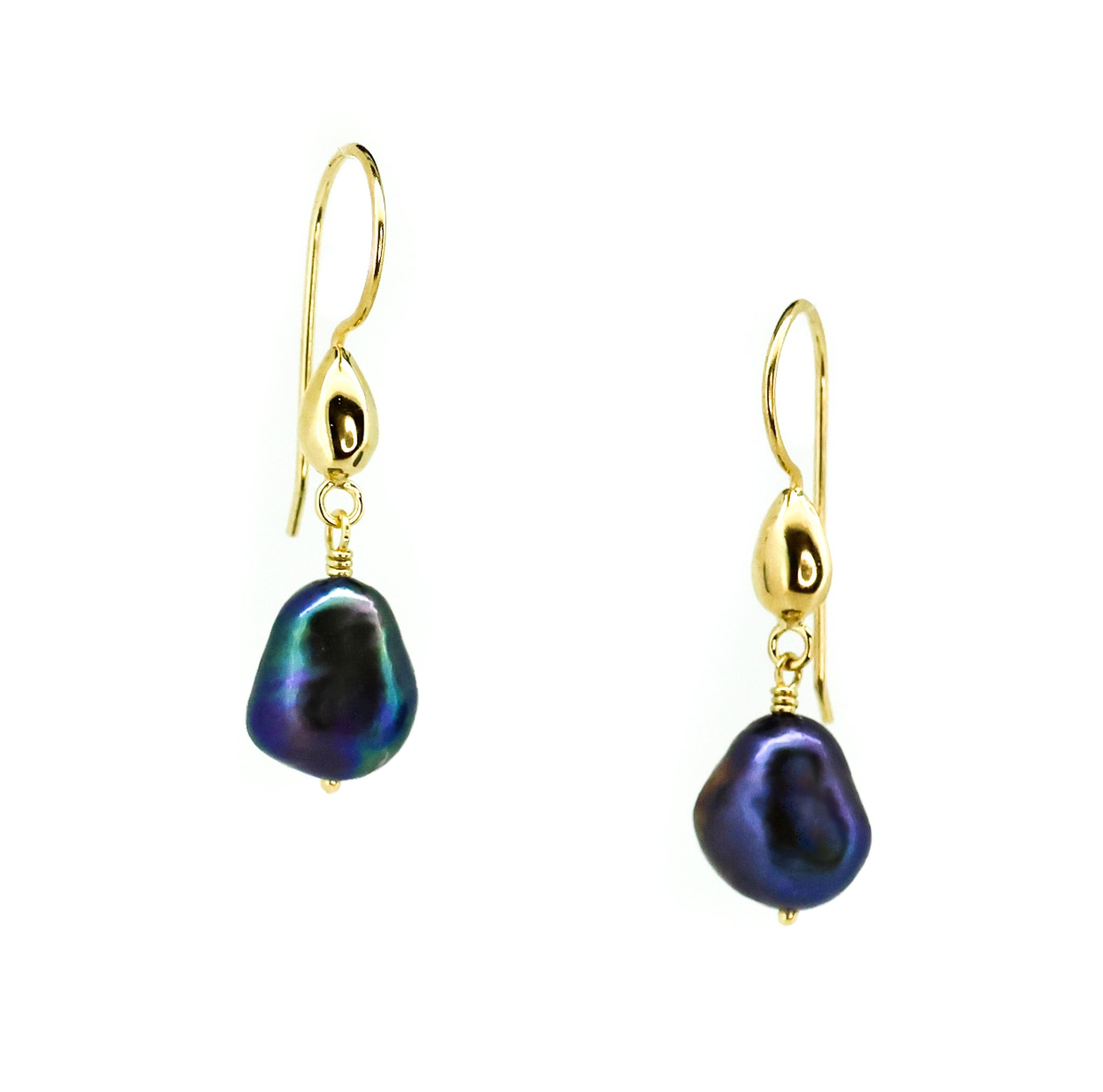 Peacock coloured keshi pearl earrings in gold