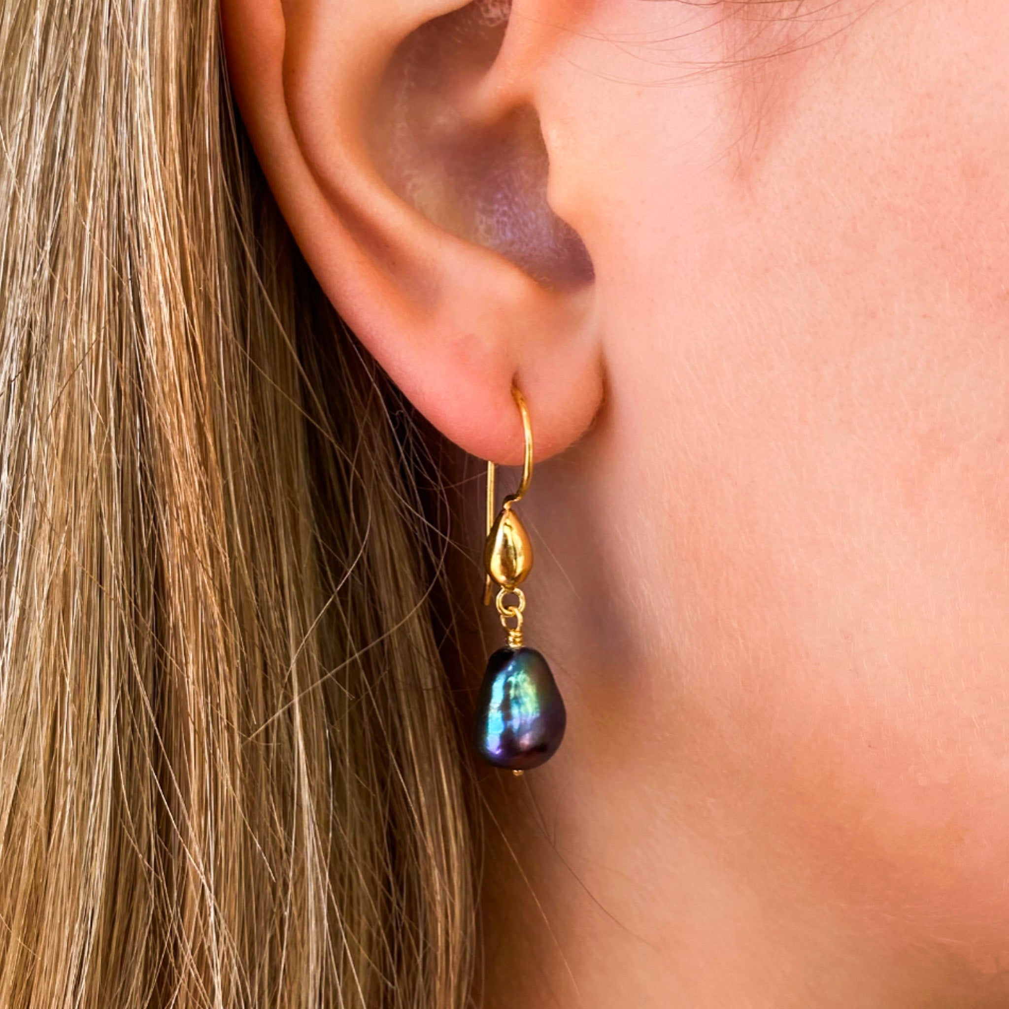 Peacock keshi pearl drop earrings on dew-drop hooks – coastal luxe jewellery
