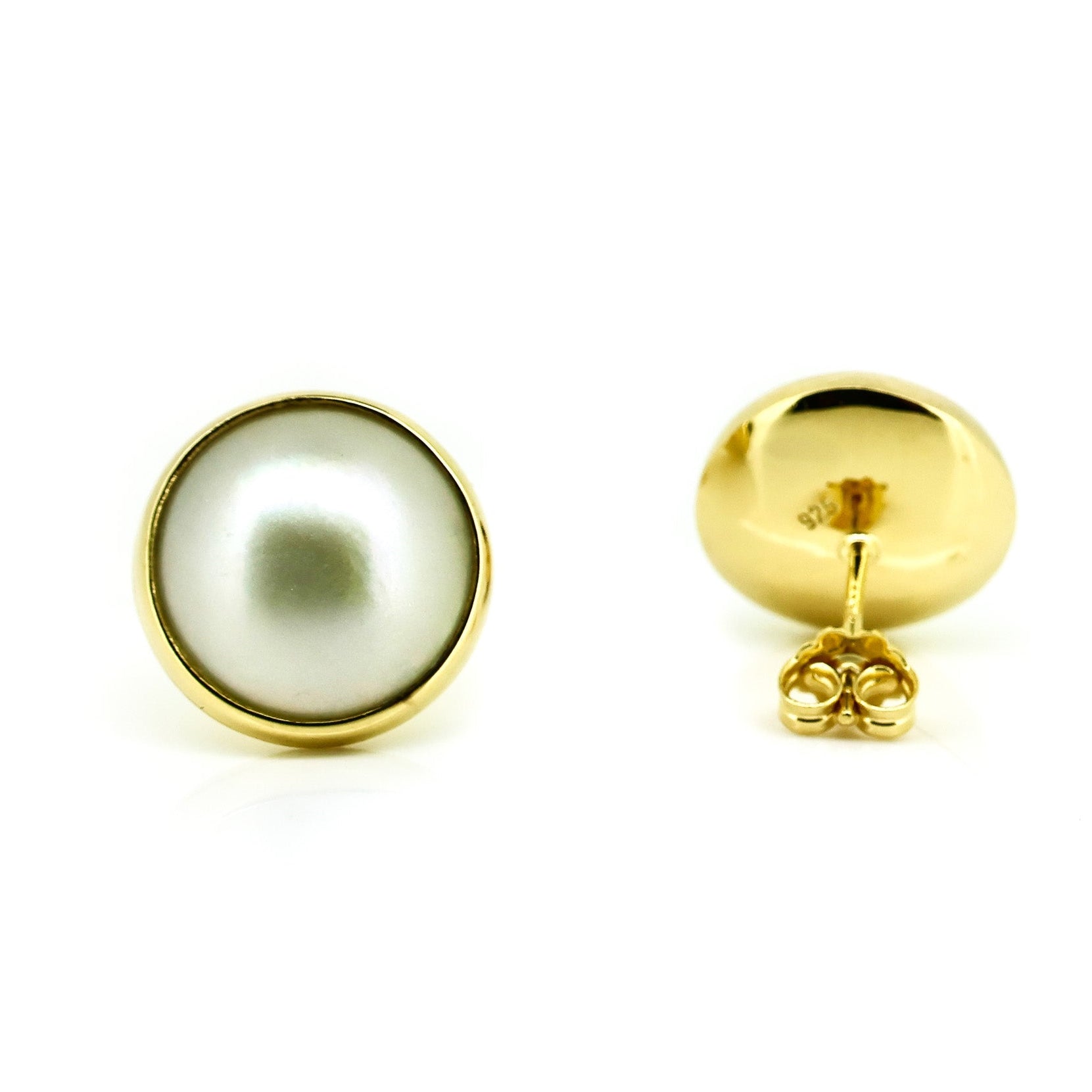Large domed white Mabe pearl studs in gold setting