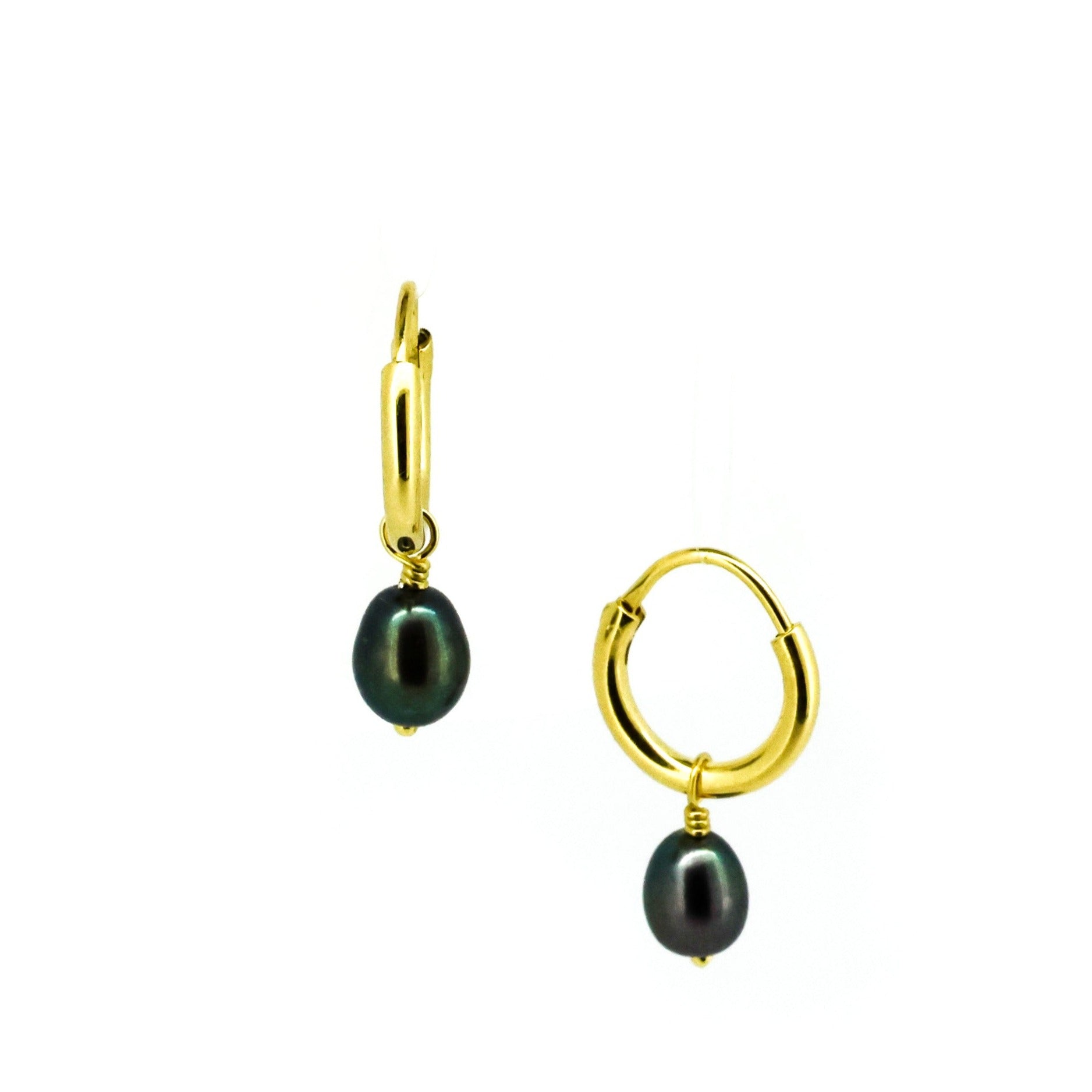 gold sleepers earrings with black pearl