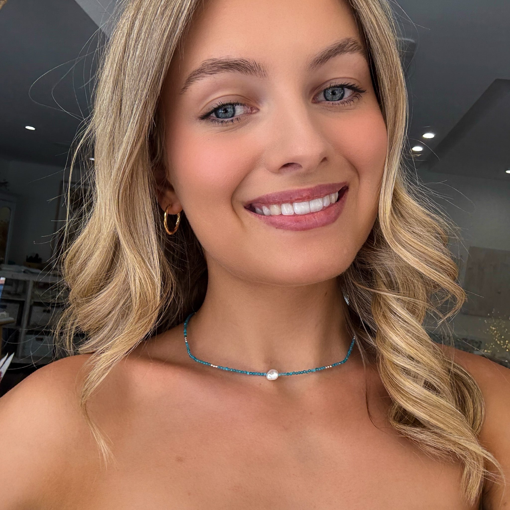 dainty blue apatite gemstones and pearl necklace