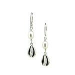 Beach Dreams Cowrie Shell Pearl Hook Silver Earrings