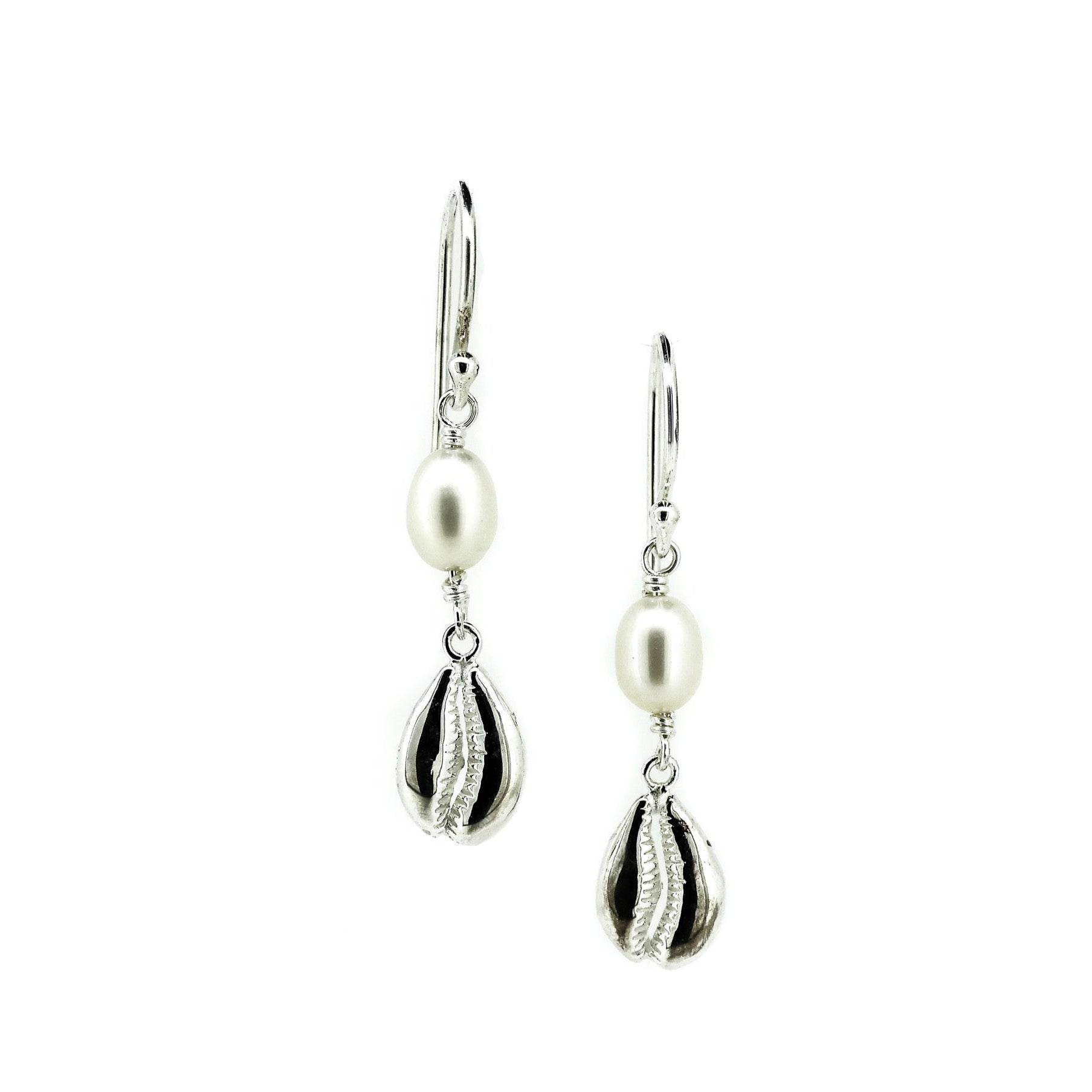 Beach Dreams Cowrie Shell Pearl Hook Silver Earrings
