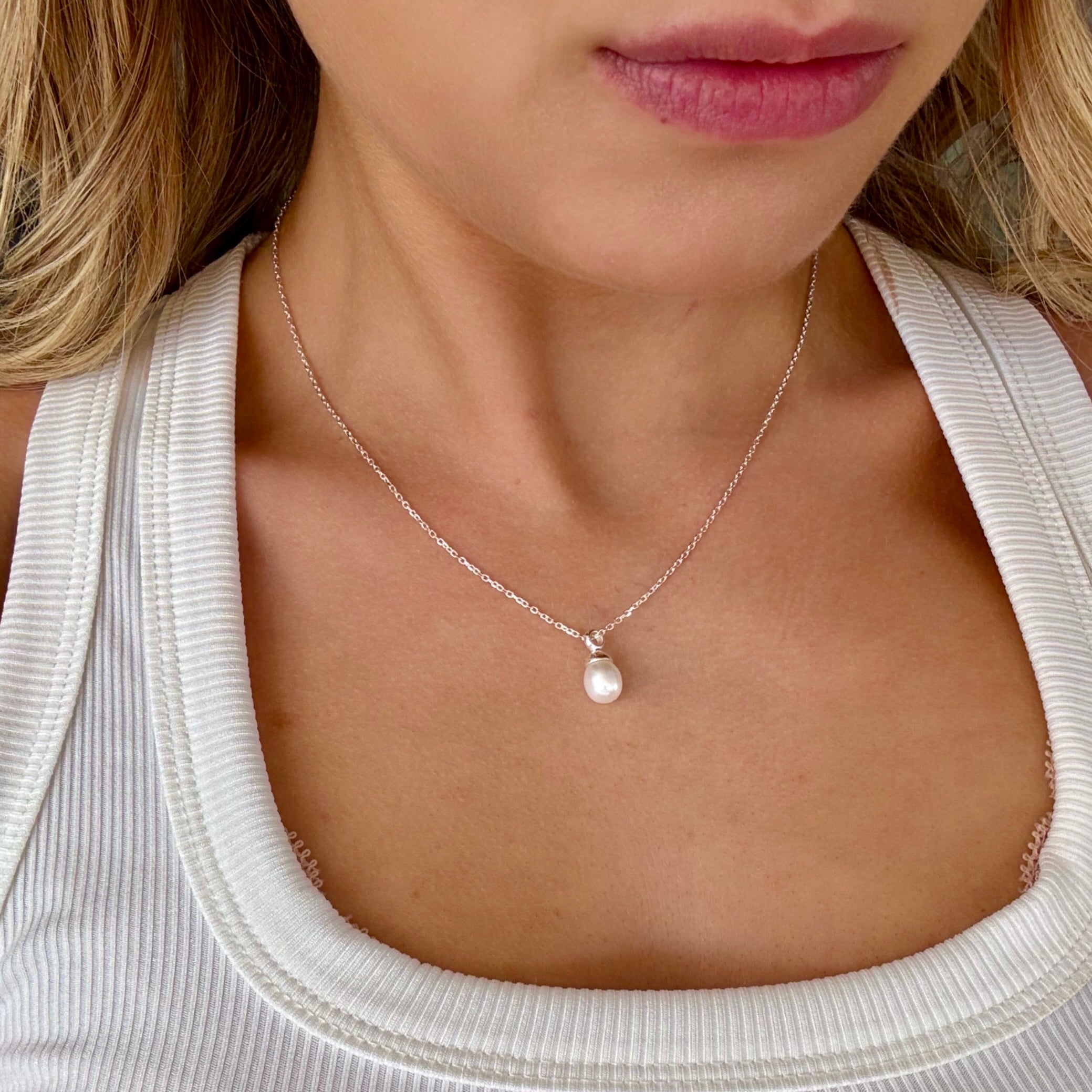 dainty white freshwater pearl on a silver chain
