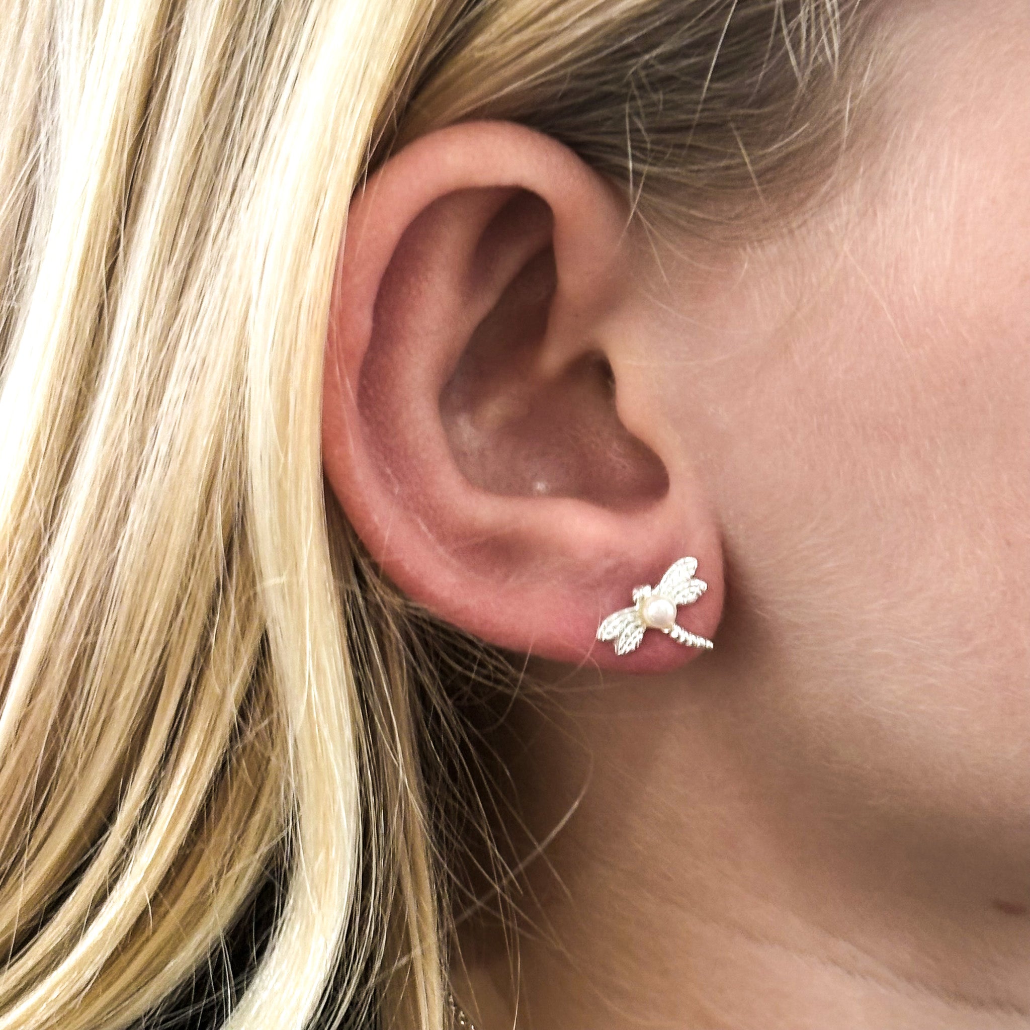 sterling silver dragonfly earrings with dainty pearl