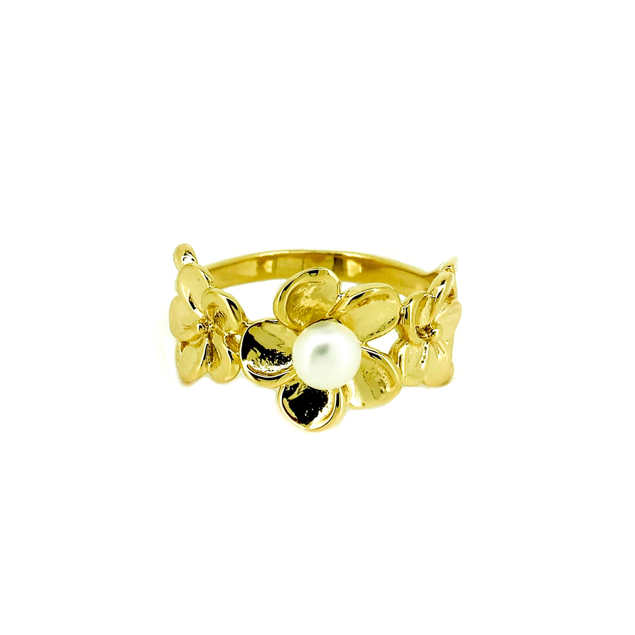 gold frangipani flower ring with pearl