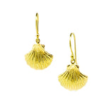 Gold clam shell hook earrings with ocean-inspired design, perfect for beach lovers.