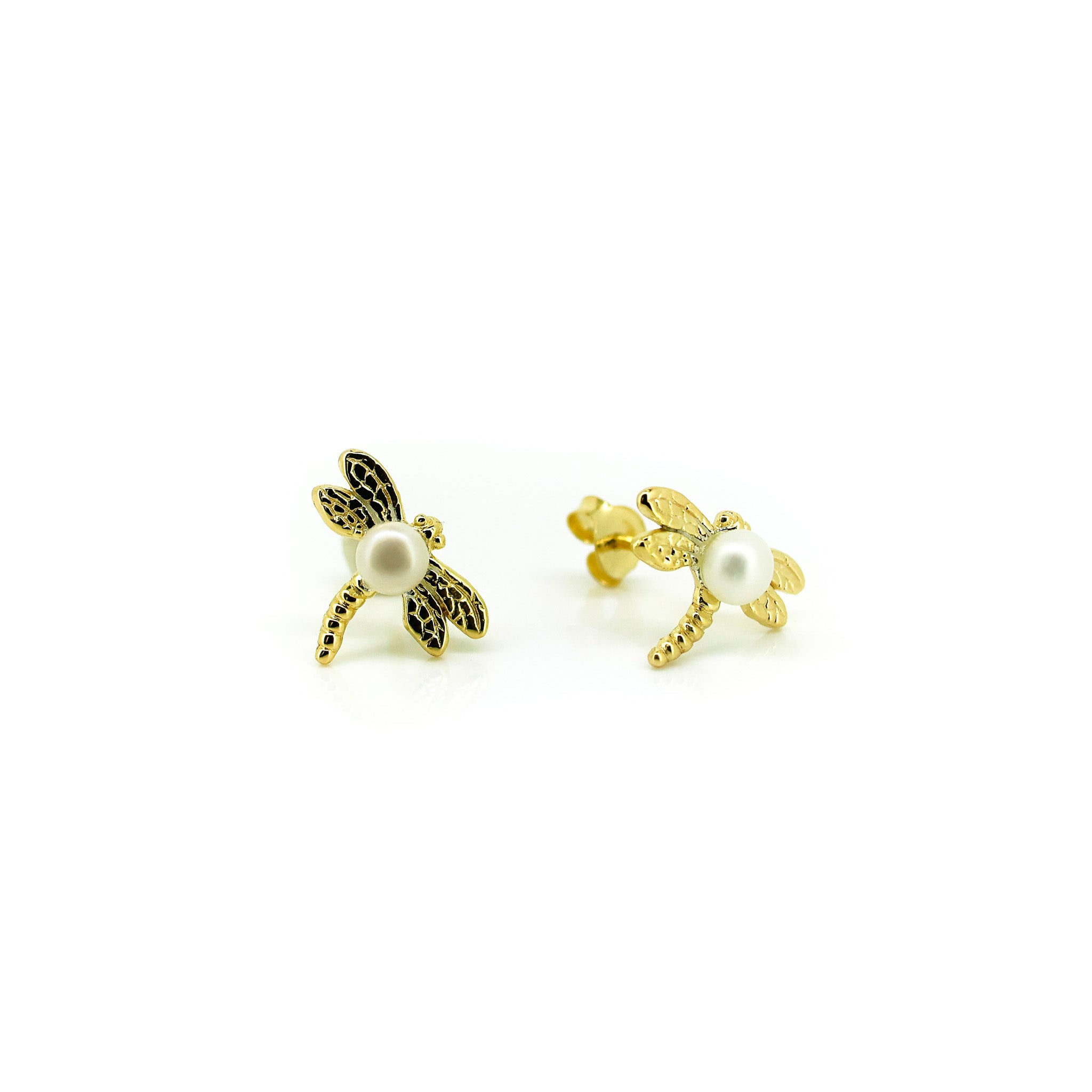 dainty gold dragonfly studs with pearl