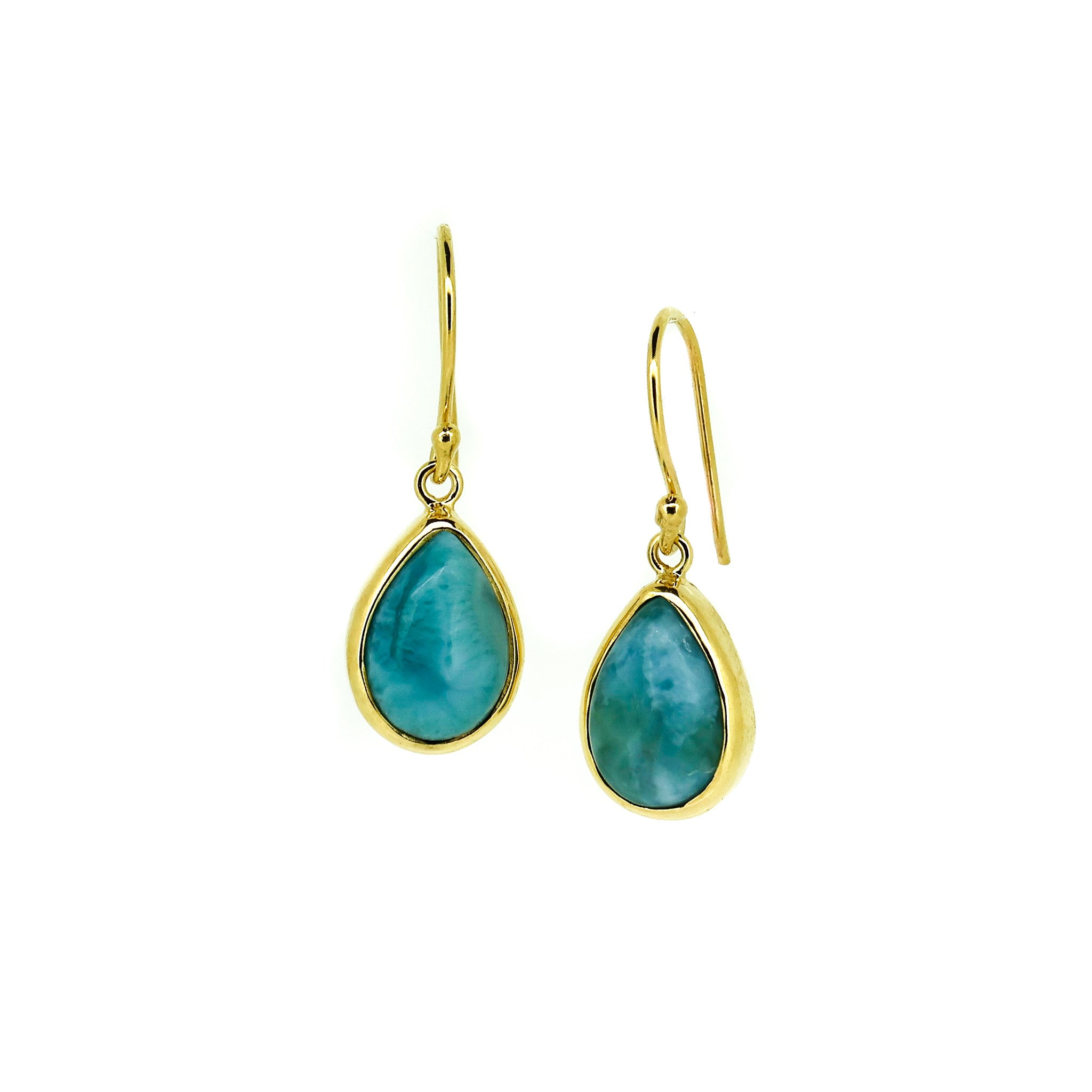 dew drop shaped larimar hook earrings in gold