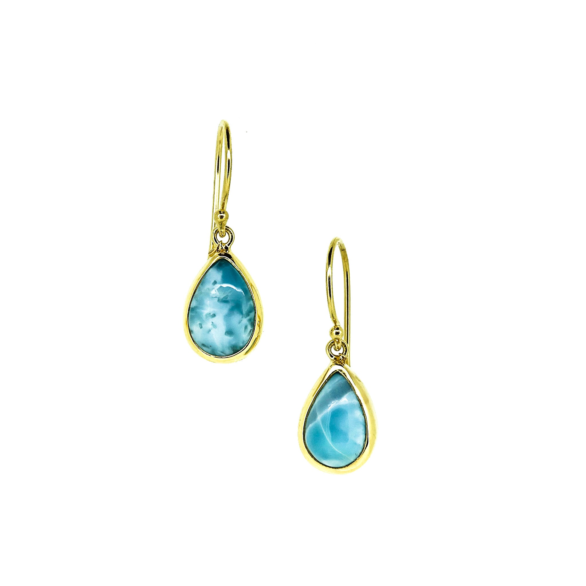 dew drop shaped larimar hook earrings set in gold vermeil