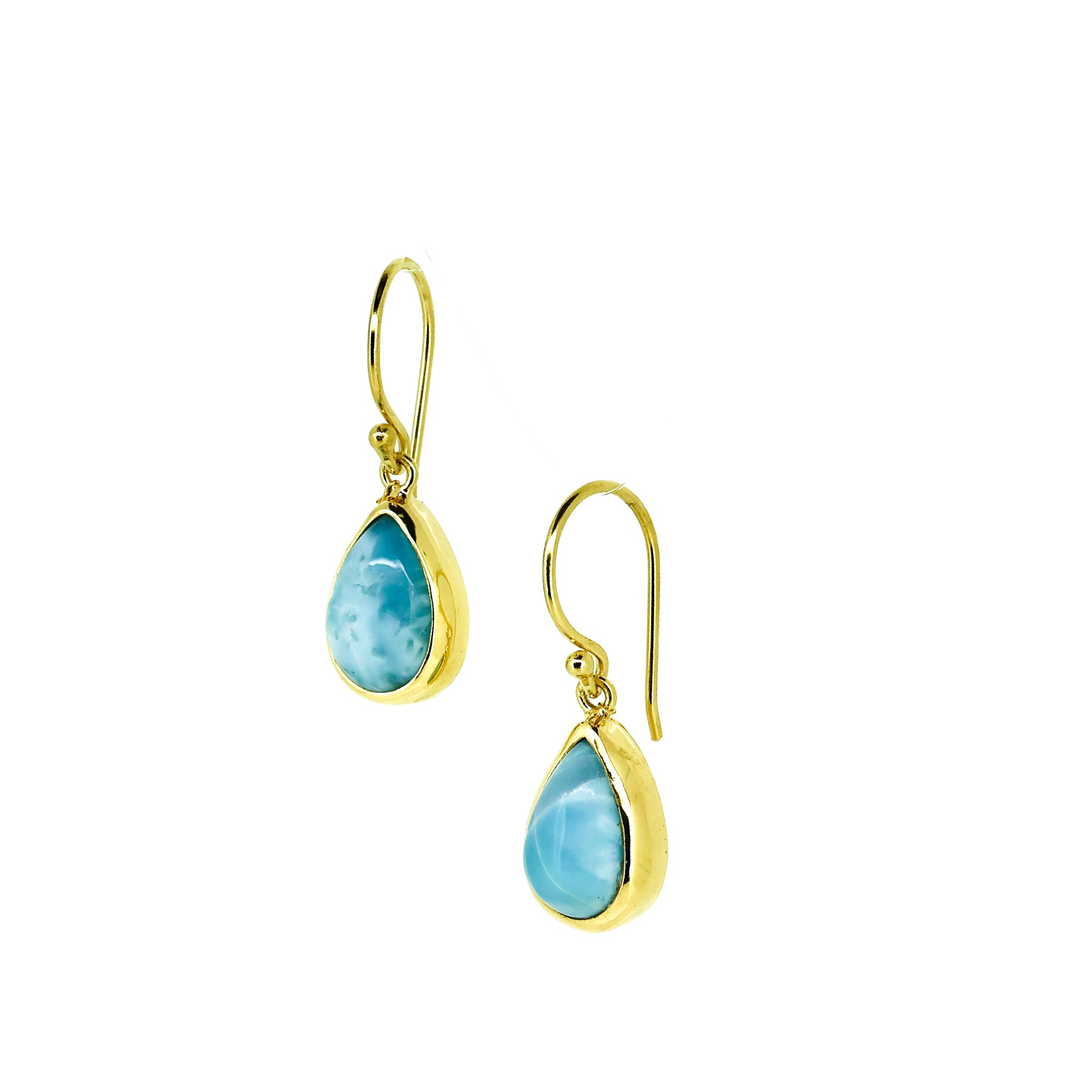 larimar tear drop shaped earrhings set in gold vermeil