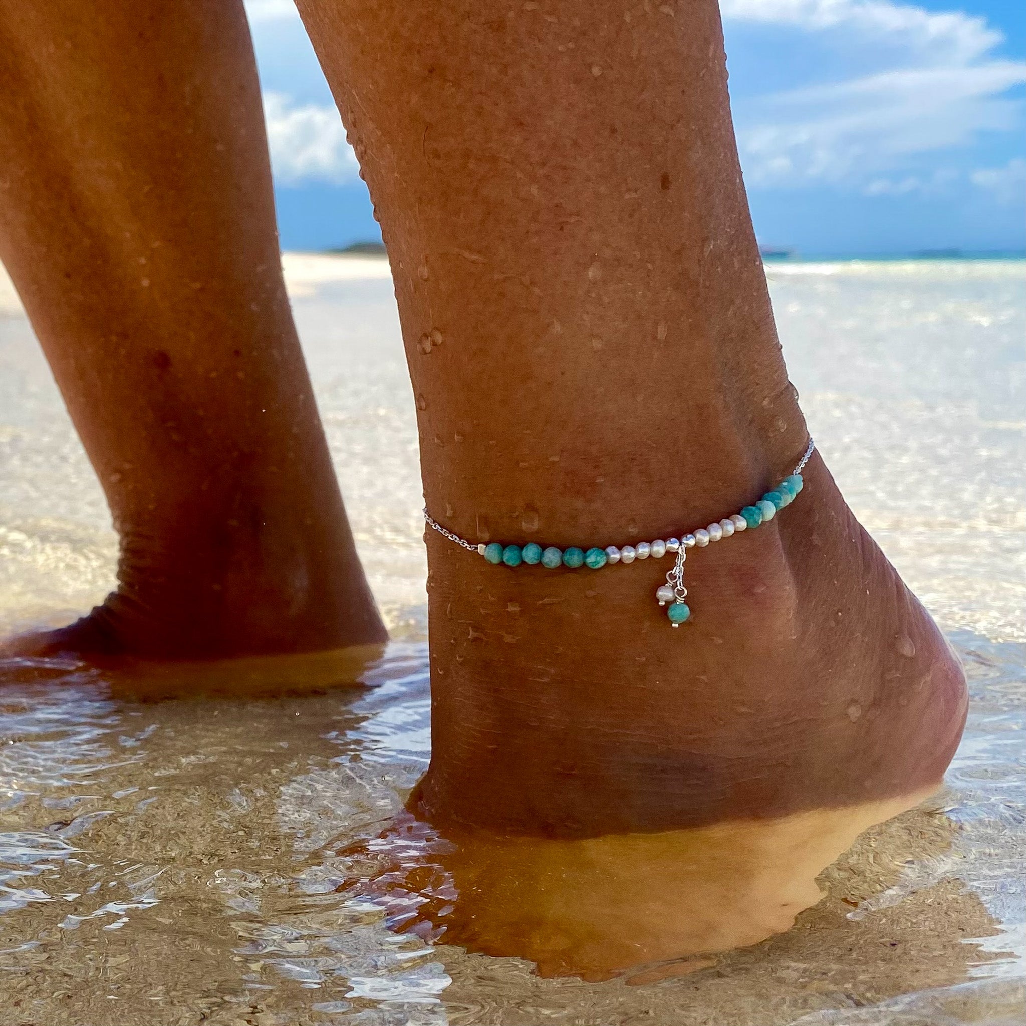 dainty silver anklet with amazonite gemstones and pearls