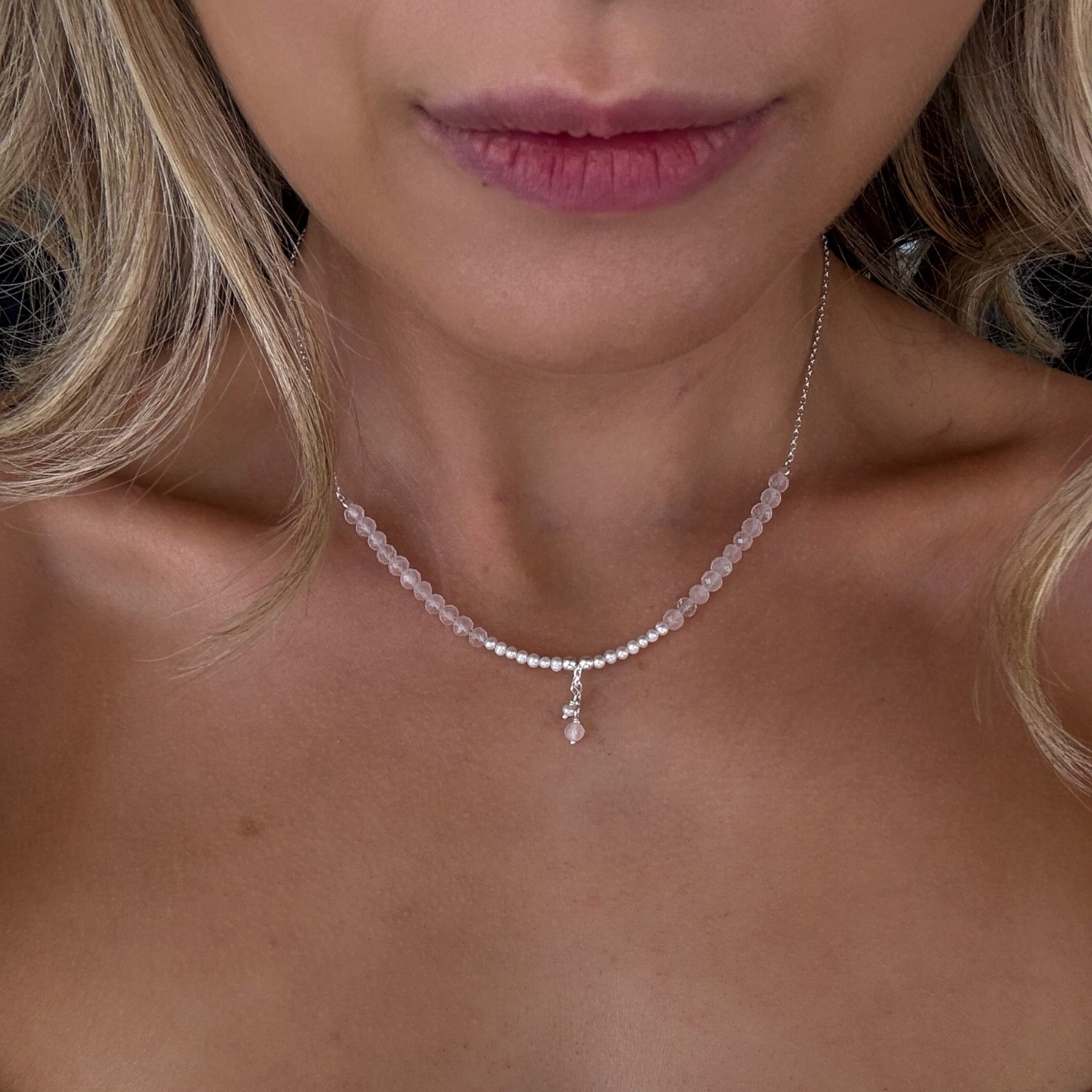 dainty silver necklace with pink opals and pearls