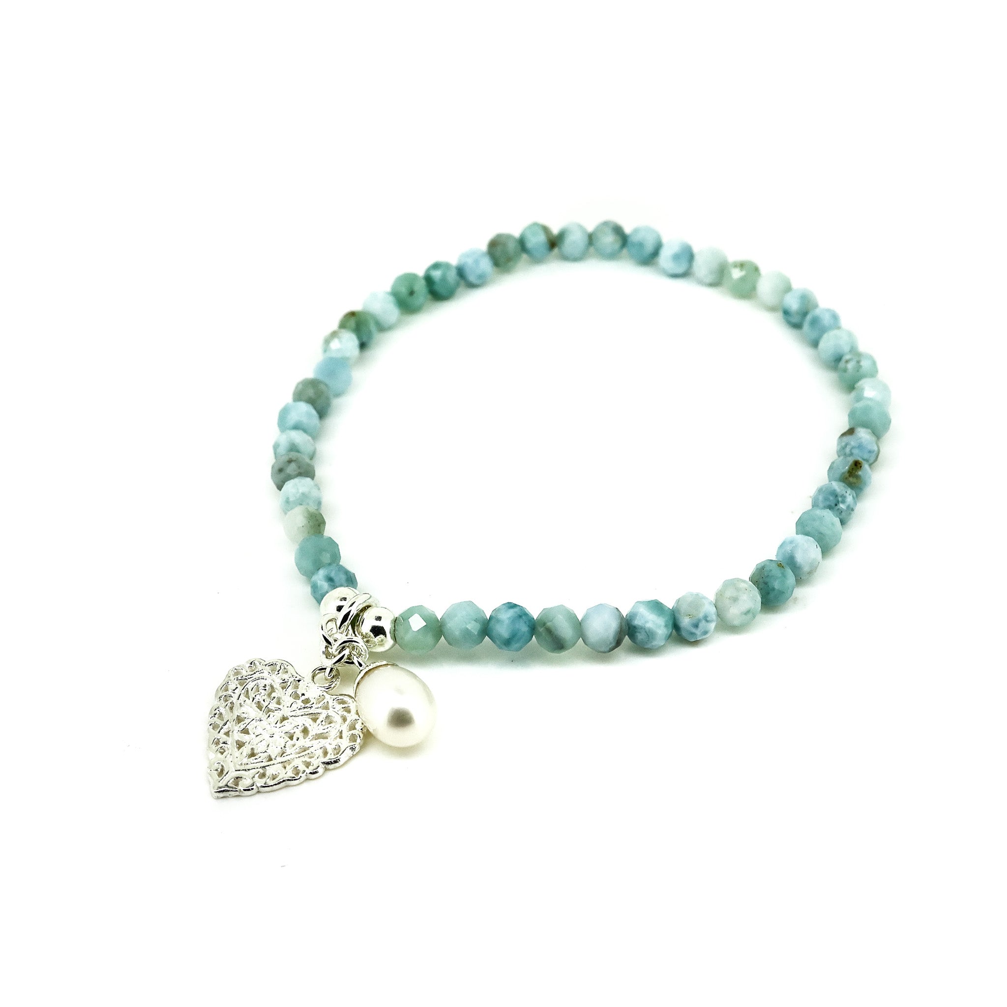 larimar bracelet with silver heart and pearl charm