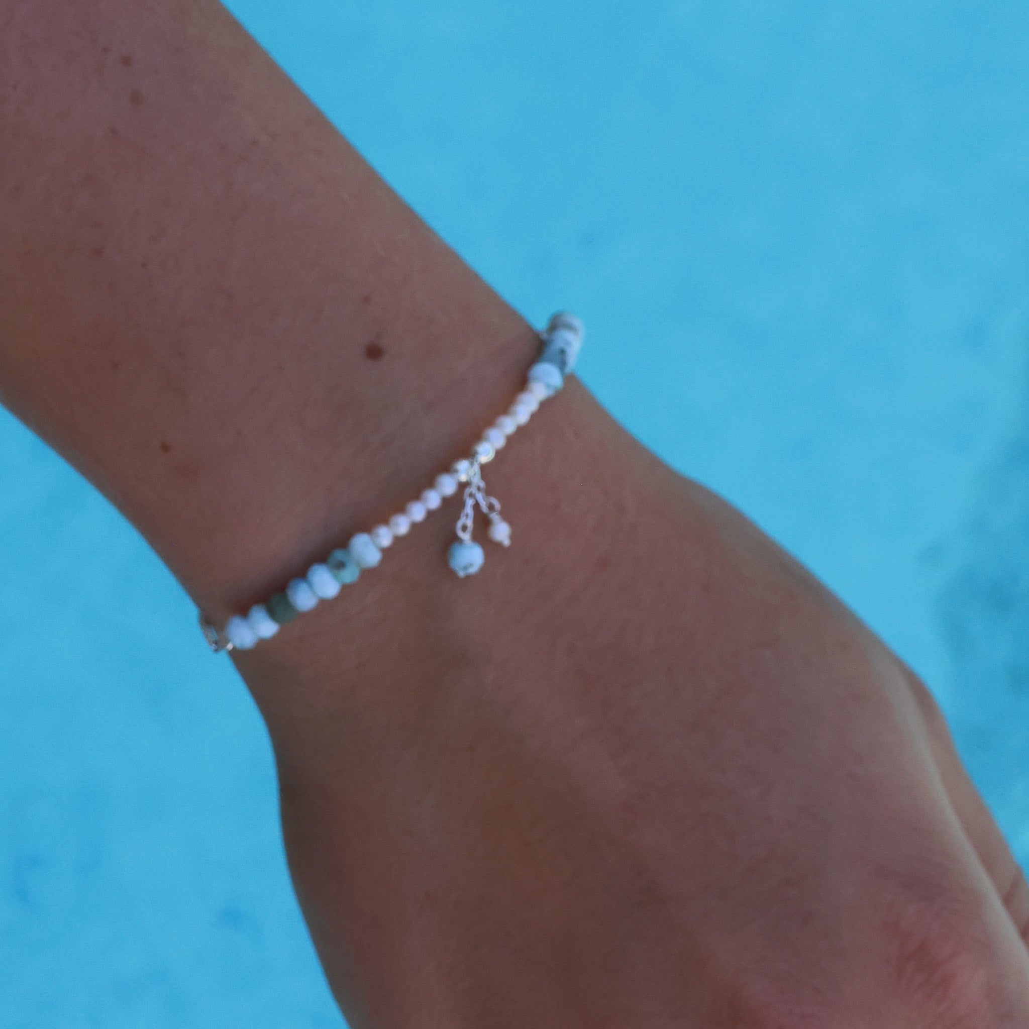 dianty silver chain bracelet with pearls and larimar gemstones