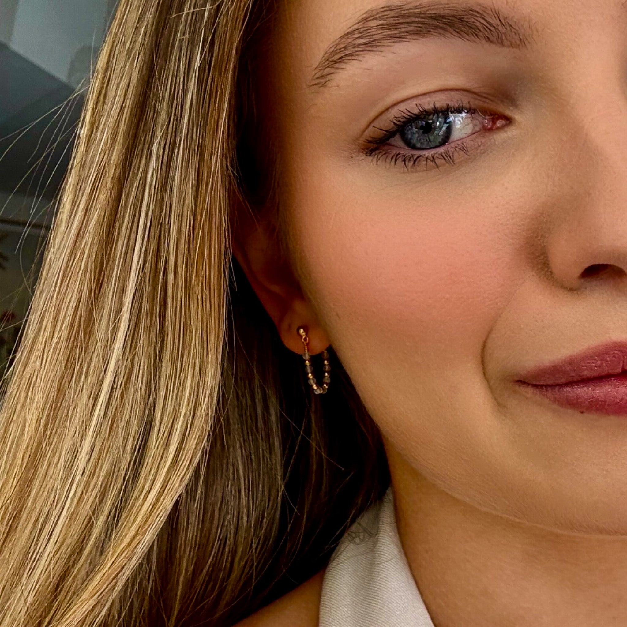 Gold labradorite earrings with beaded loops inspired by Broome coast