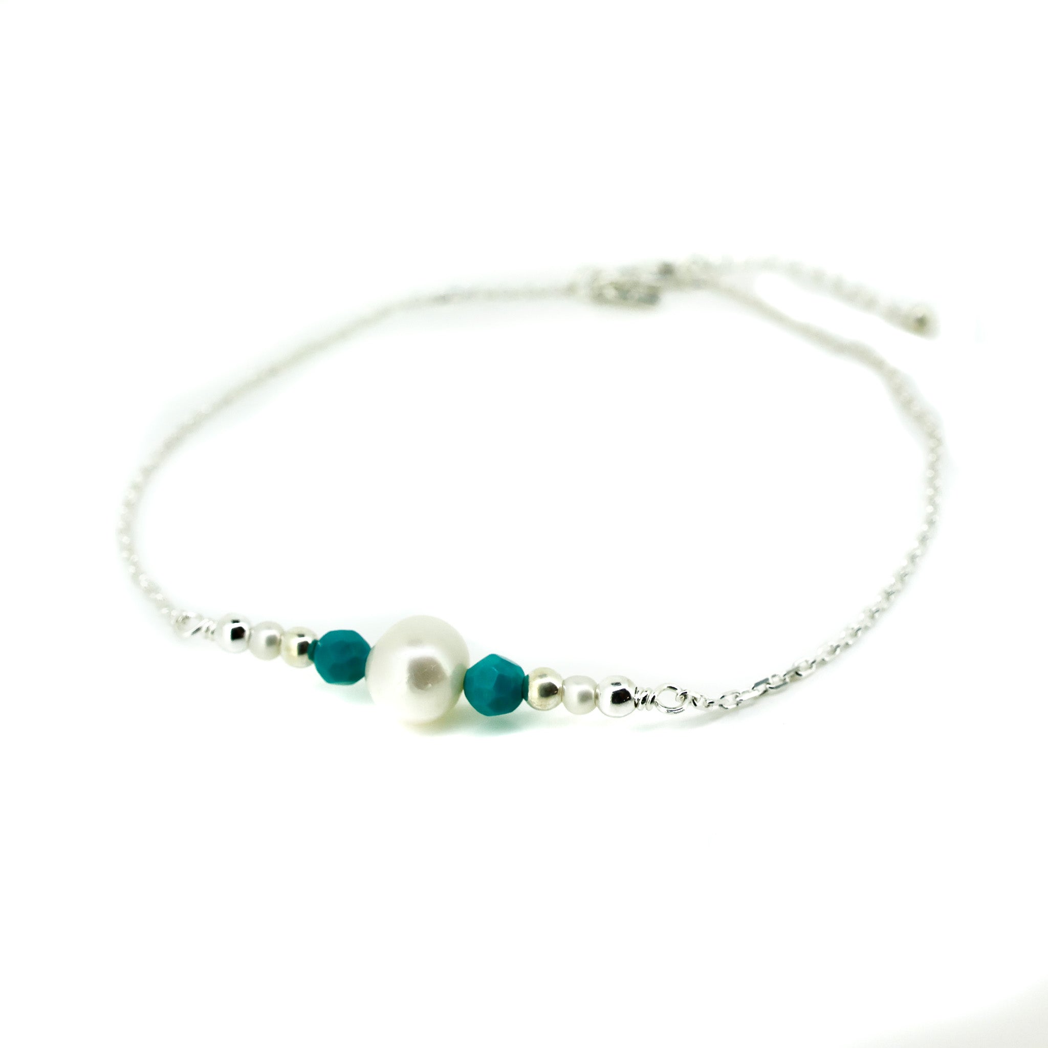 sterling silver anklet with pearl and turquoise gemstones