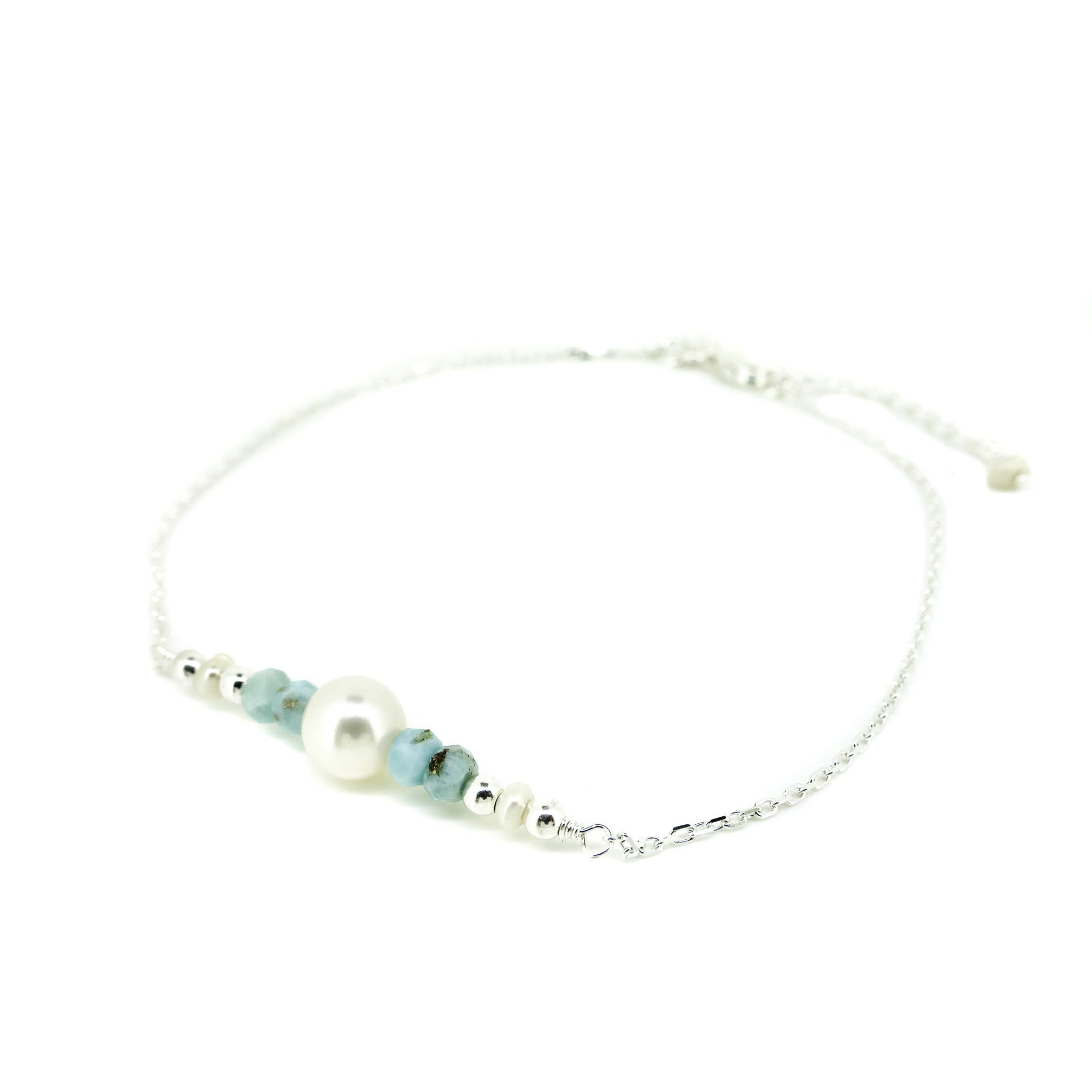 silver anklet with larimar and pearls