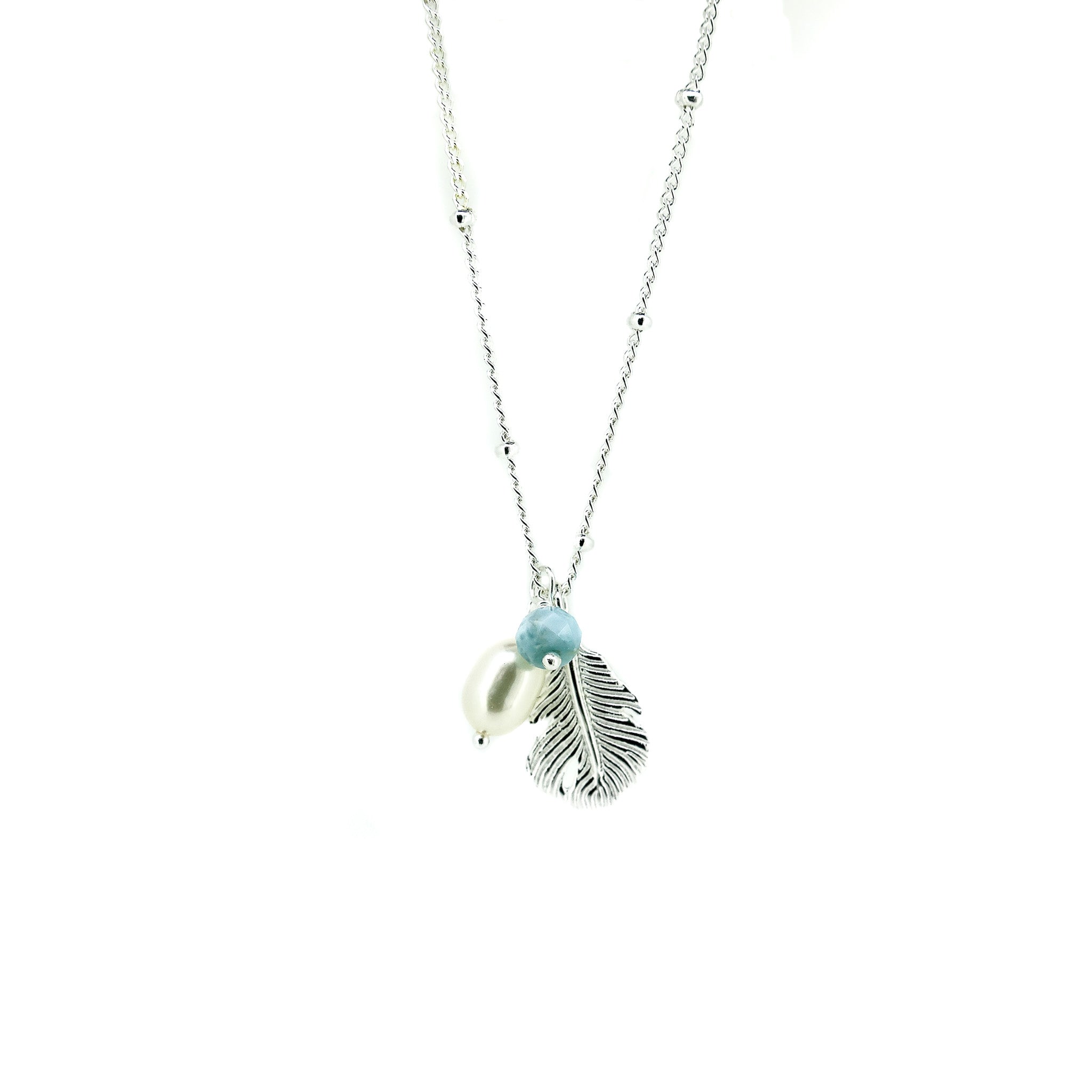 Dainty Silver Feather Necklace with Larimar for Boho Style