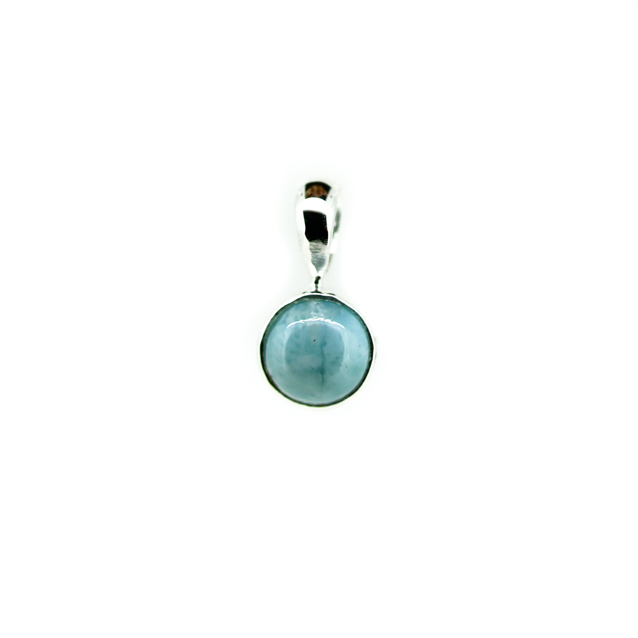dainty round larimar pendant set in sterling silver
