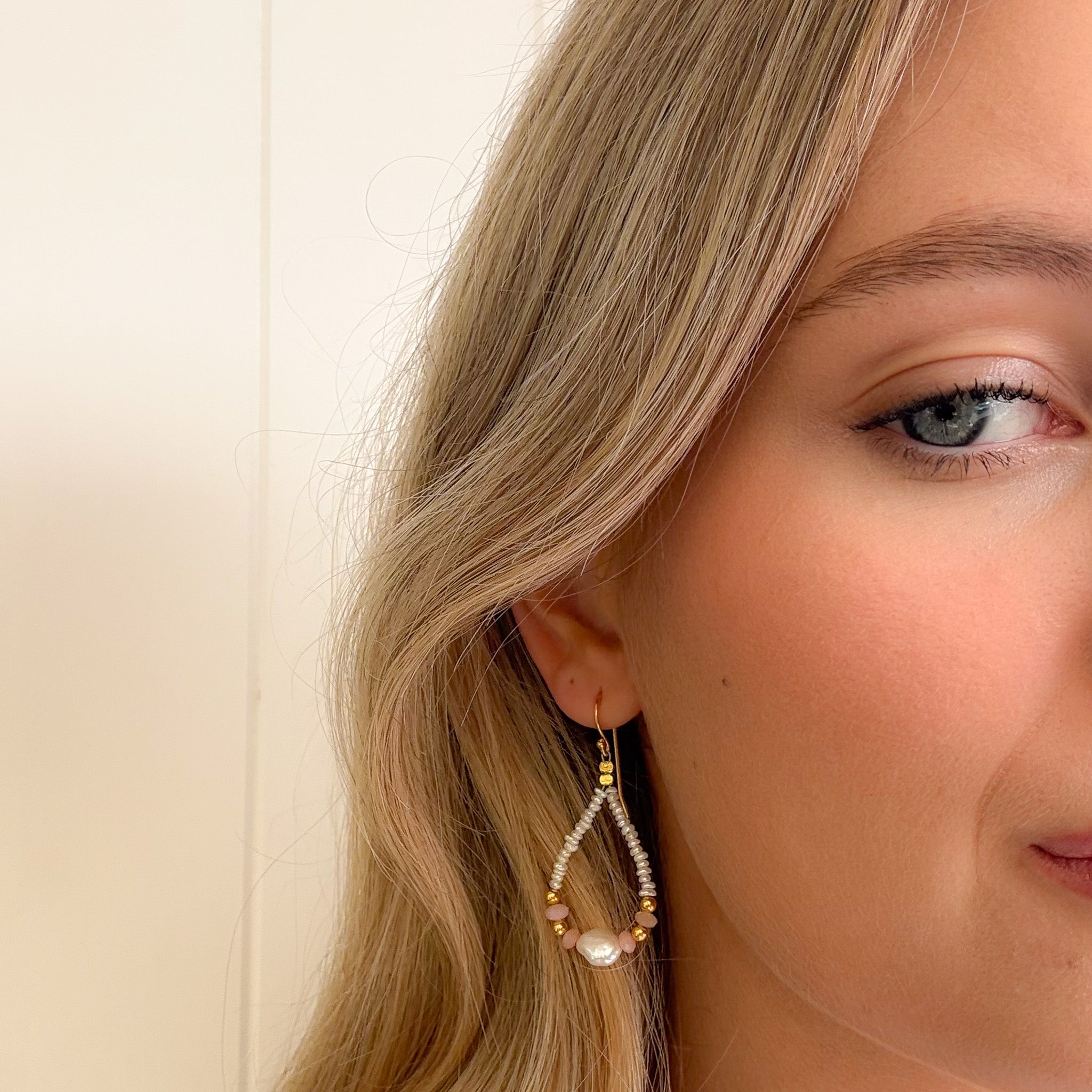 Handcrafted Sunkissed Pink Opal hook earrings with dainty freshwater pearls