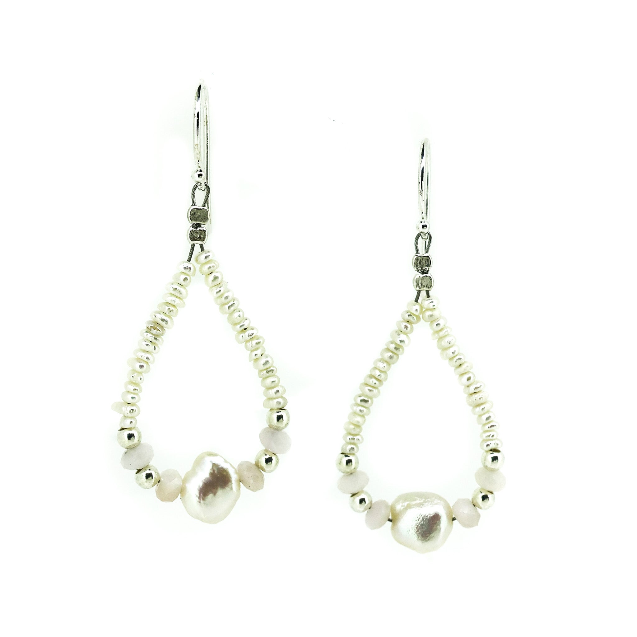 beaded pearl earrings with pink opal