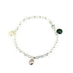 silver belcher chain bracelet with 3 different coloured freshwater pearls