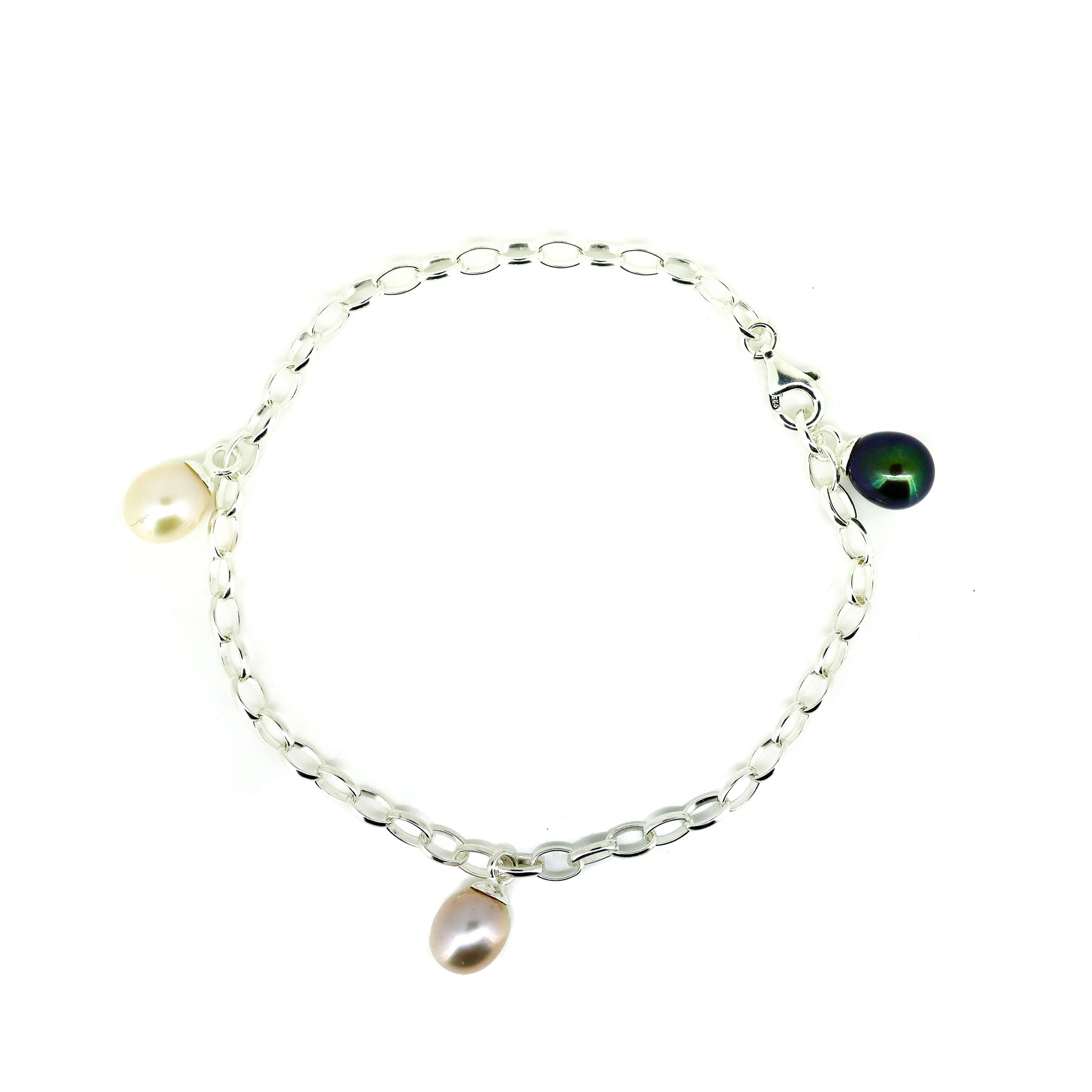silver belcher chain bracelet with 3 different coloured freshwater pearls