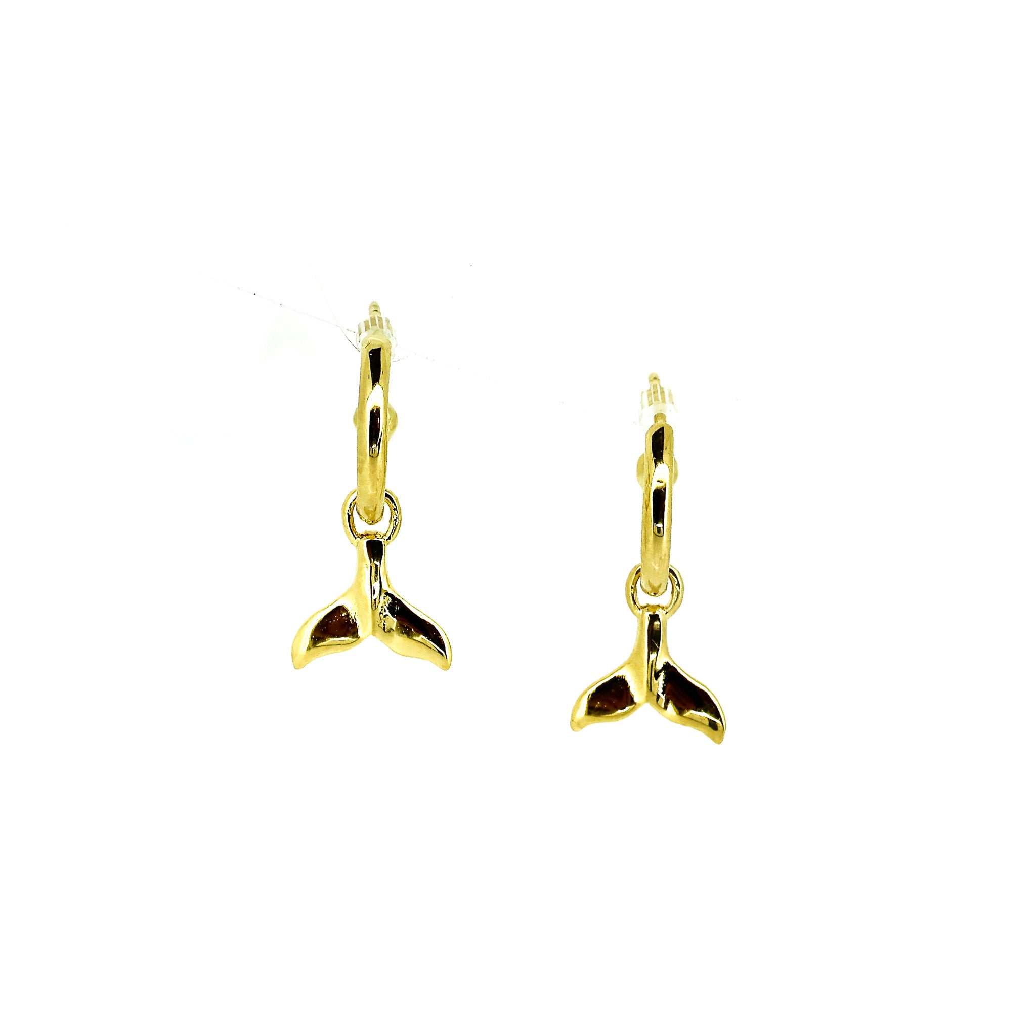 gold huggies earrings with whale tail charm