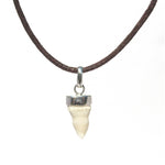 CROCODILE TOOTH PENDANT SET IN STERLING SILVER WITH BROWN COTTON NECKLACE: ADJUSTABLE IN LENGTH