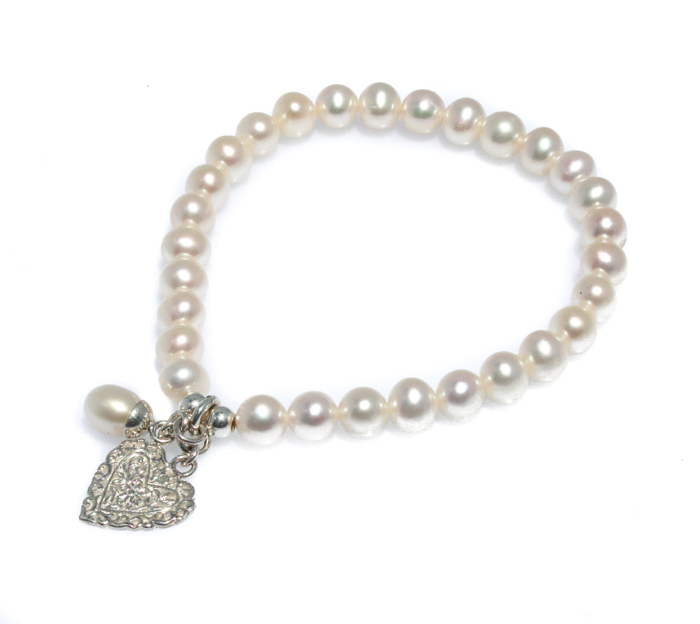 PEARL BRACELET WITH STERLING SILVER FILAGREE HEART & PEARL CHARM