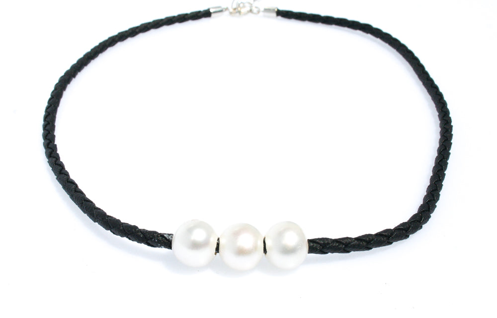 TARRYN TRIPLE PEARL BLACK BRAID NECKLACE