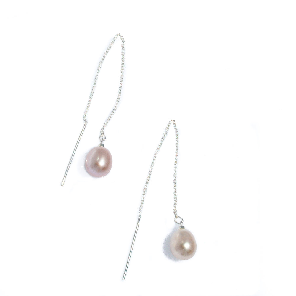 thread pearl earrings pink