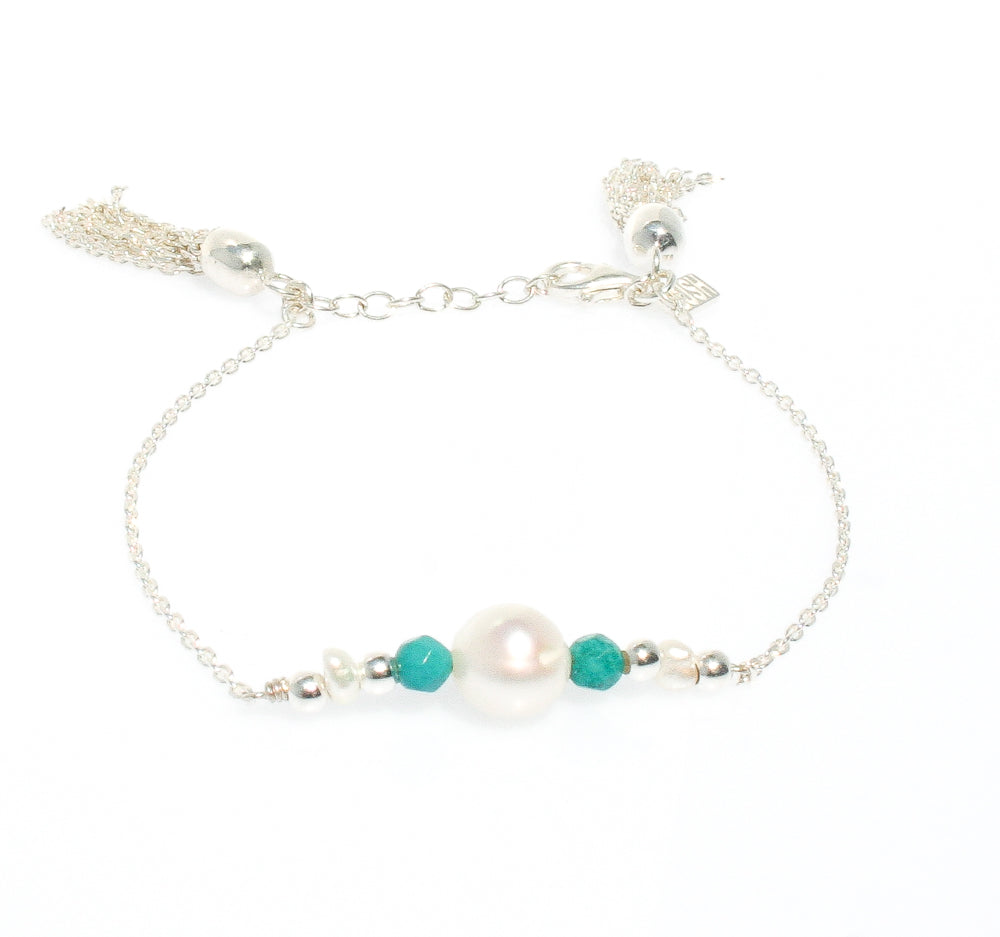 dainty silver pearl tassel bracelet with turquoise detail