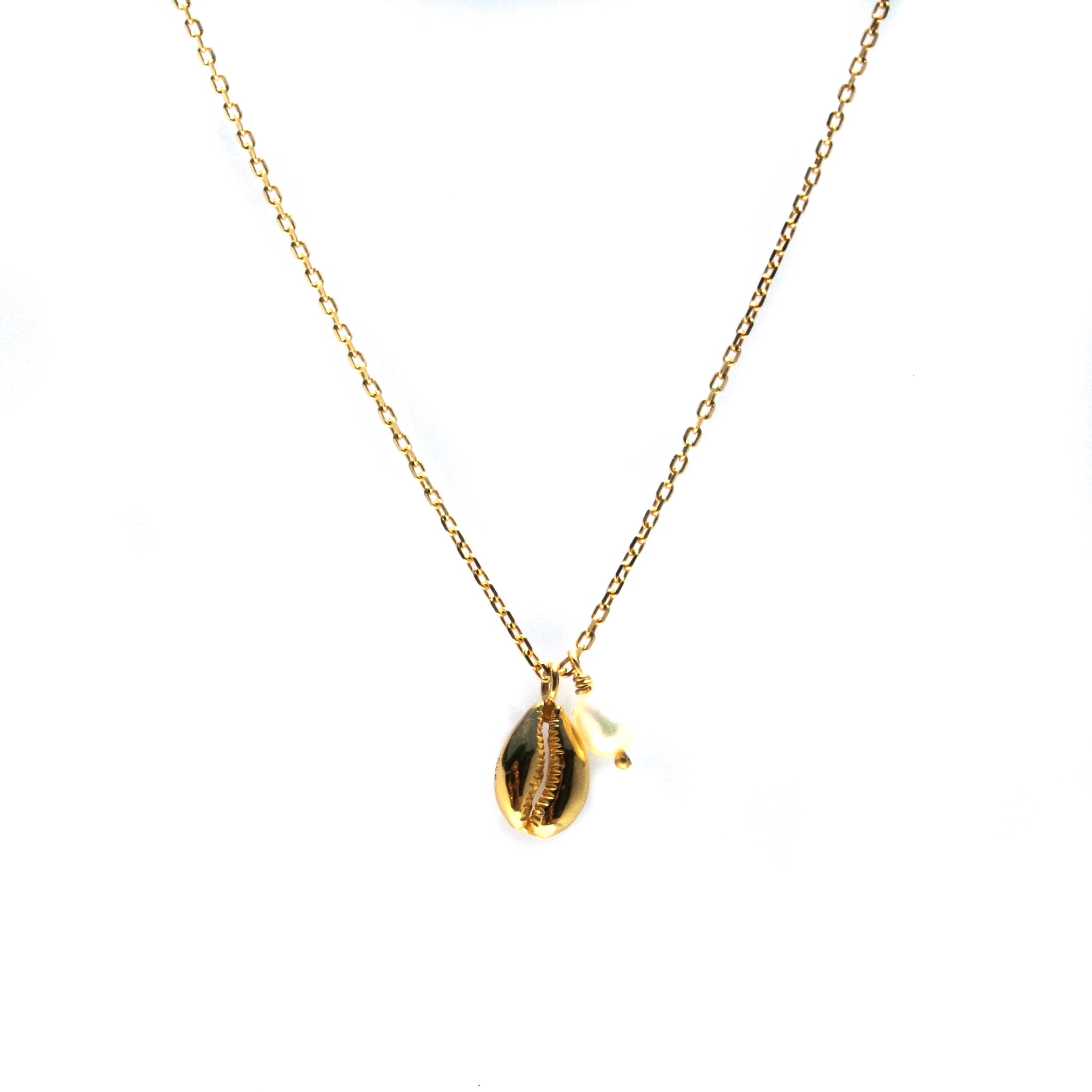 “Cowrie shell gold vermeil necklace with freshwater pearl designed in Broome Western Australia”